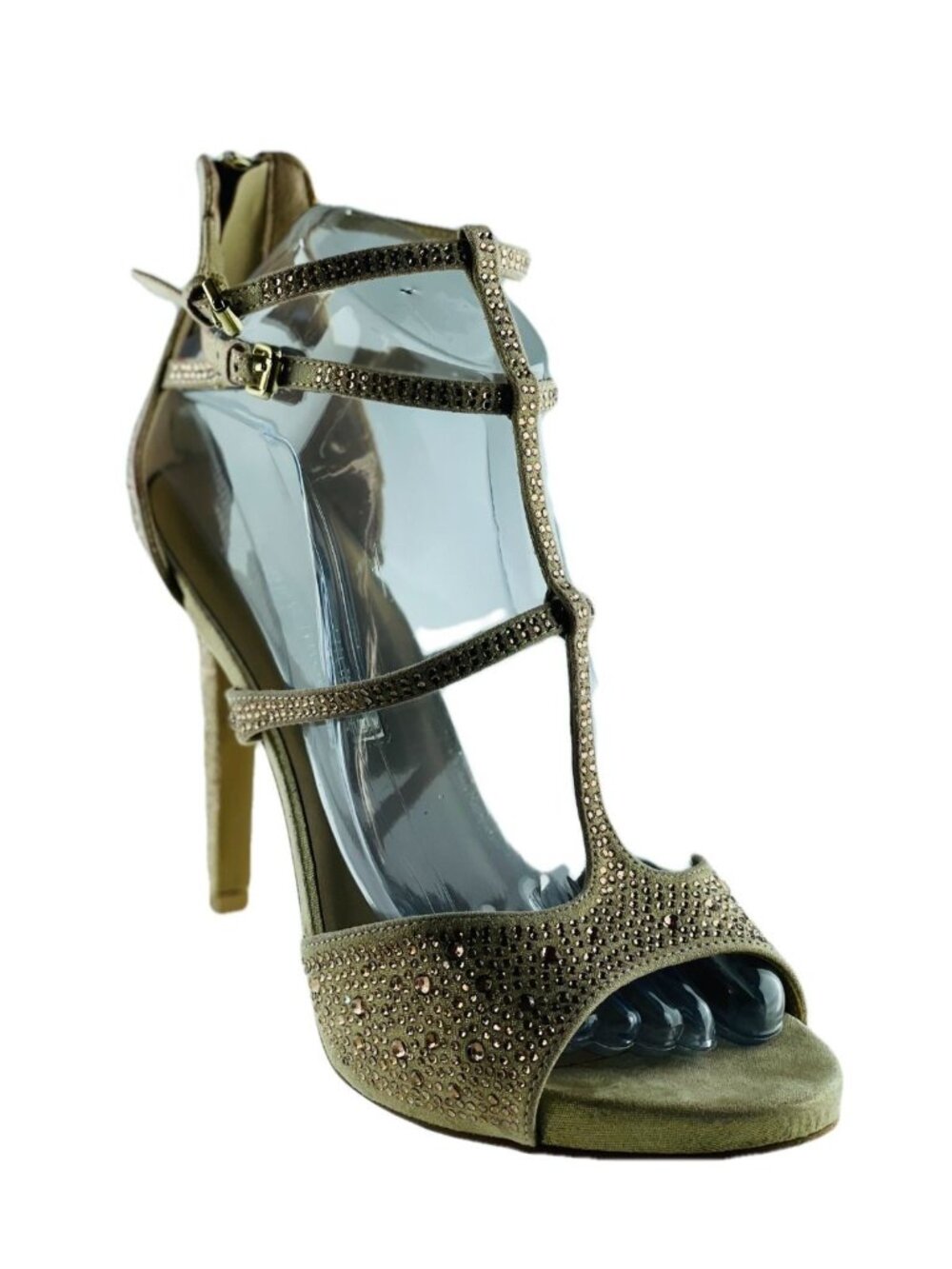 AUDREY BROOKE Gold Rhinestone Strappy Heels 4" Stiletto Sandals Womens Dress Sho